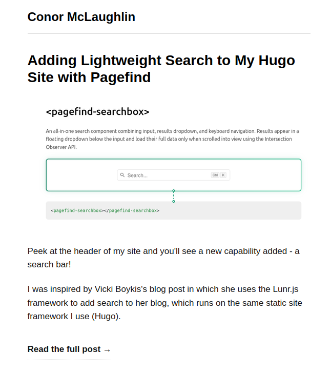 An actual newsletter email for Adding Lightweight Search to My Hugo Site with Pagefind, with the post image, opening paragraphs, and a link to read the full post.