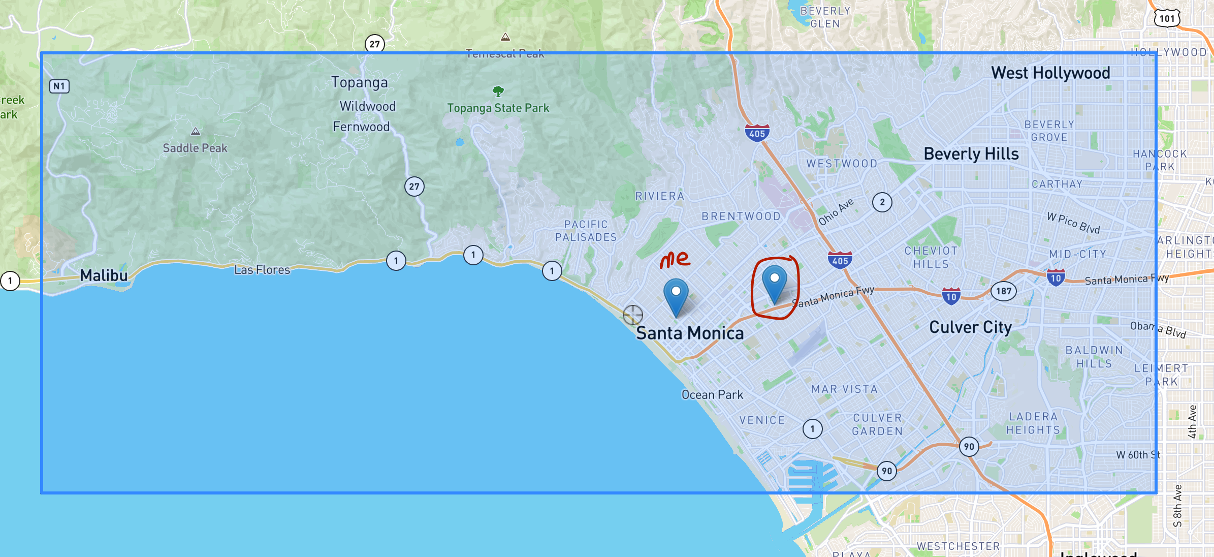 Map of Bounding Box, My Location, and The Plane Location