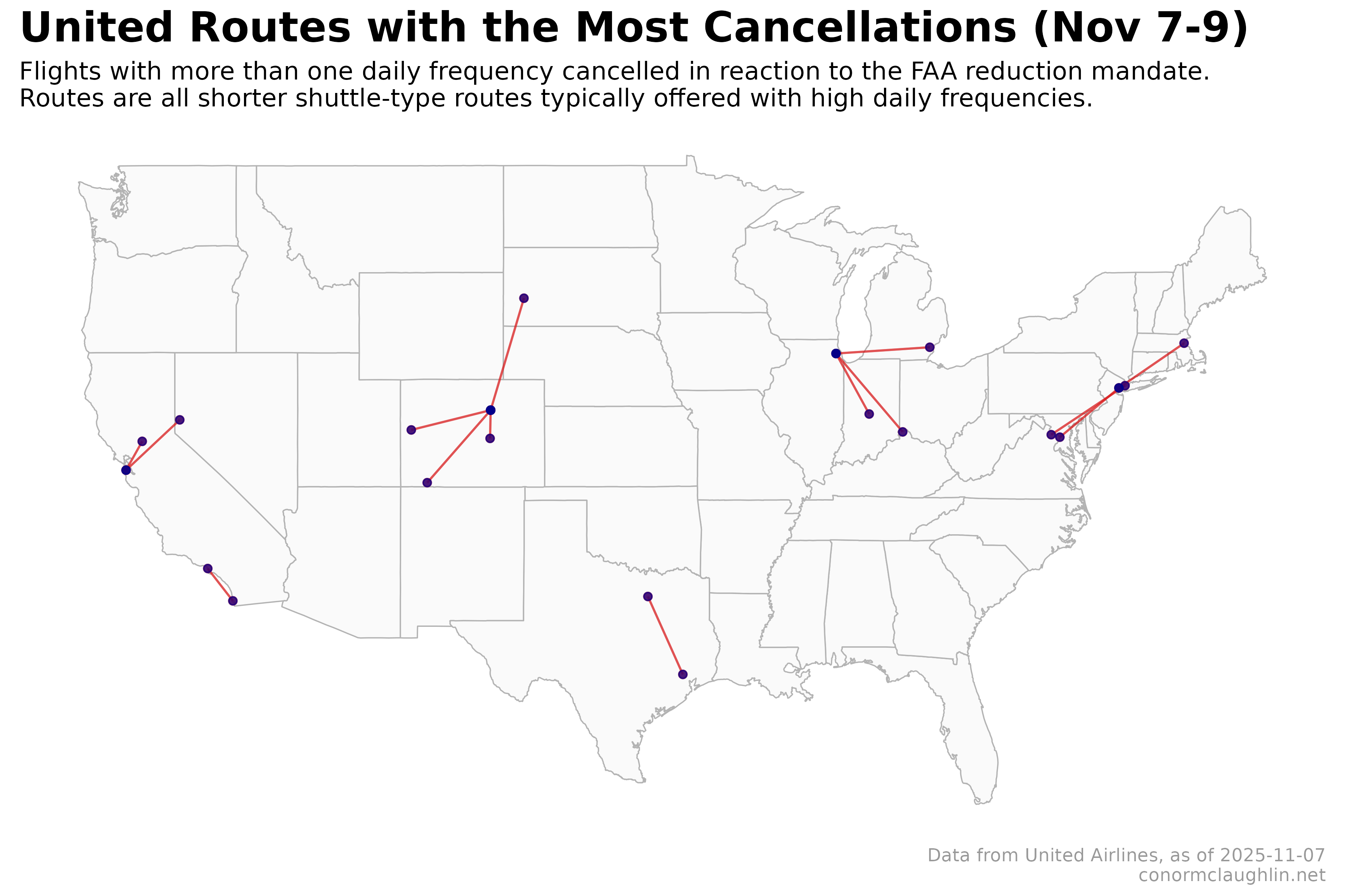 Map of Most Canceled United Routes